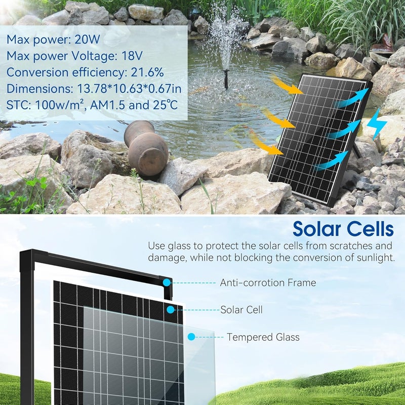NFESOLAR طقم نافورة مياه شمسية، فلتر بركة مع لوحة شمسية 20 واط، مضخة مياه شمسية 120 جالون في الساعة، 4 رشاشات لبركة خارجية سعة 120-300 جالون، حوض سمك وميزات مياه حديقة N3212 - Image 2